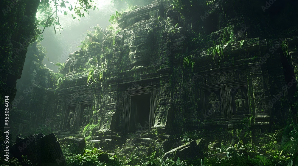 Jungle-enveloped ancient ruin with moss-covered stones and vines creeping over intricate carvings detailed 3D-rendered structures with natural textures Jungle-enveloped ancient ruin with moss-covered stones and vines creeping over intricate carvings detailed 3D-rendered structures with natural textures