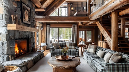 Cozy Living Room with Fireplace in a Rustic Log Cabin