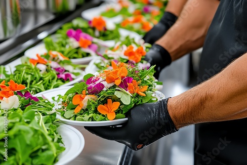 Salad Chopping, Tossing, and Plating captured in a kitchen where fresh ingredients are chopped, tossed, and beautifully plated, ready to be served photo