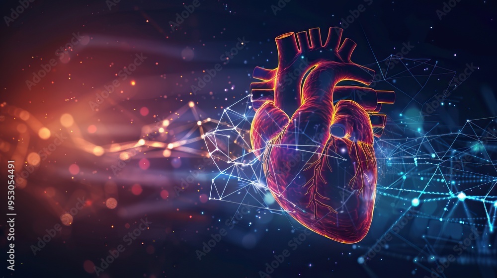 Fototapeta premium Glowing Human Heart with Network Connections in Abstract Space