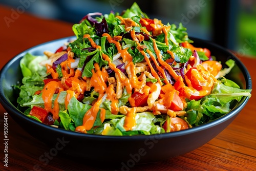 Salad Crunchy, Crisp, and Creamy depicted in a salad where the combination of crisp greens, crunchy toppings, and creamy dressing makes for a satisfying dish photo