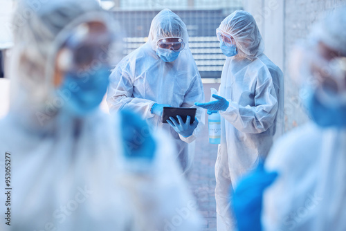 Cleaning, tablet or team of scientists in hazmat or mask virus for sanitation research in outbreak crisis. Technology, teamwork and people outside for healthcare report, covid or pandemic disease