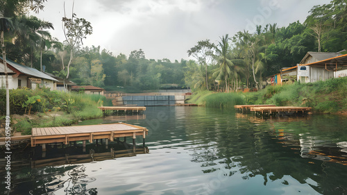 Serene Klapa Gading Kulon reservoir village in Banyumas, Indonesia becomes a popular tourist spot and fitness destination amidst its ongoing construction, surrounded by lush greenery. photo