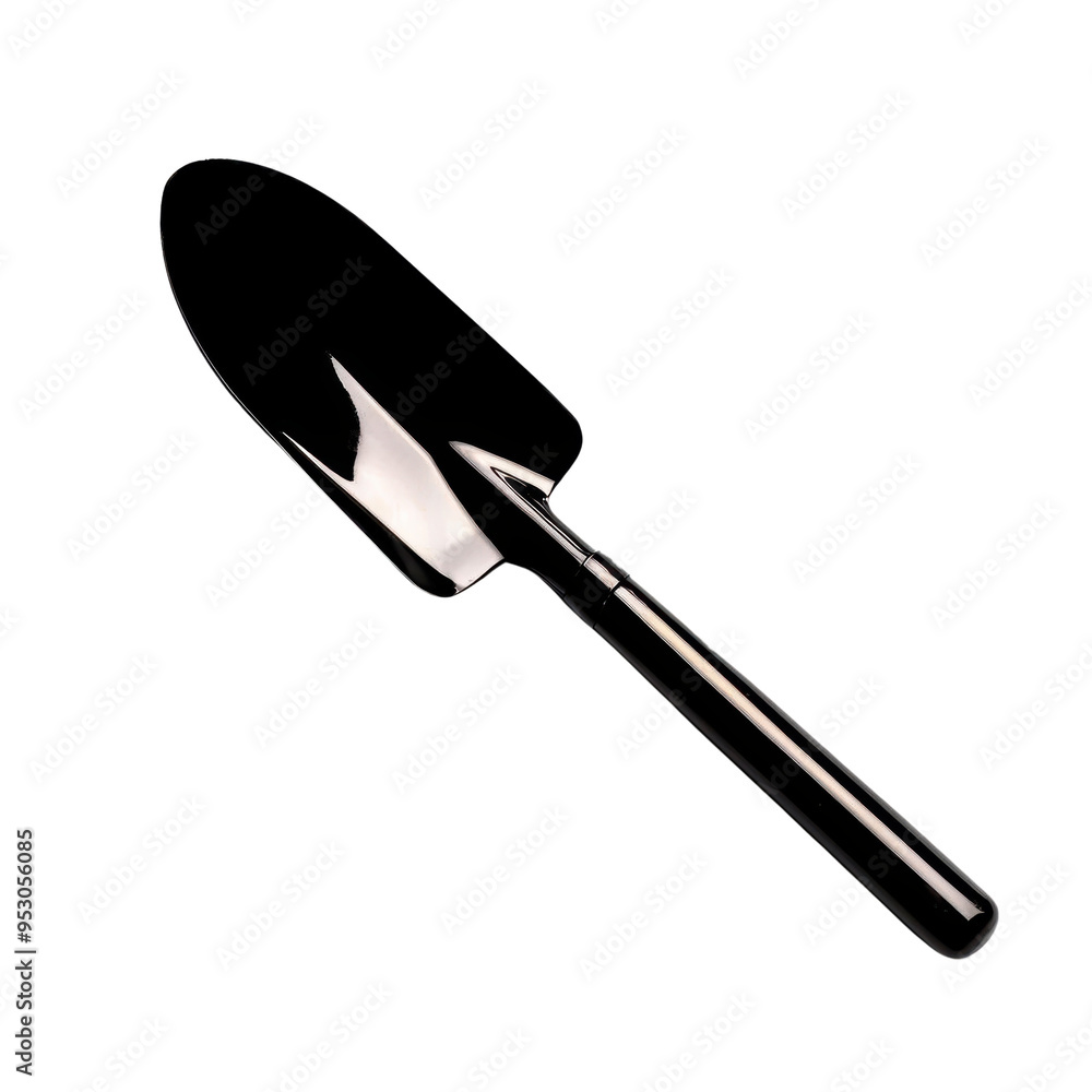 A sleek, shiny gardening shovel. A sleek, shiny gardening shovel.