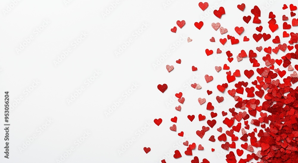 Red confetti hearts on white background flat lay Red confetti hearts on white background flat lay