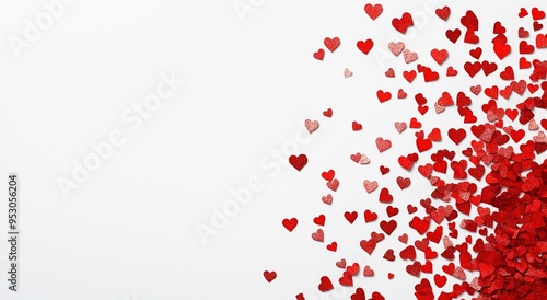 Red confetti hearts on white background flat lay