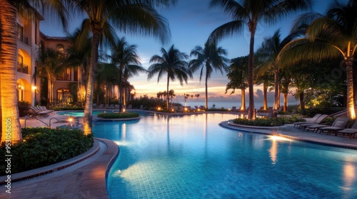 Wallpaper Mural Scenic hotel pool at dusk with elegant lighting, palm trees, and a serene atmosphere. Torontodigital.ca