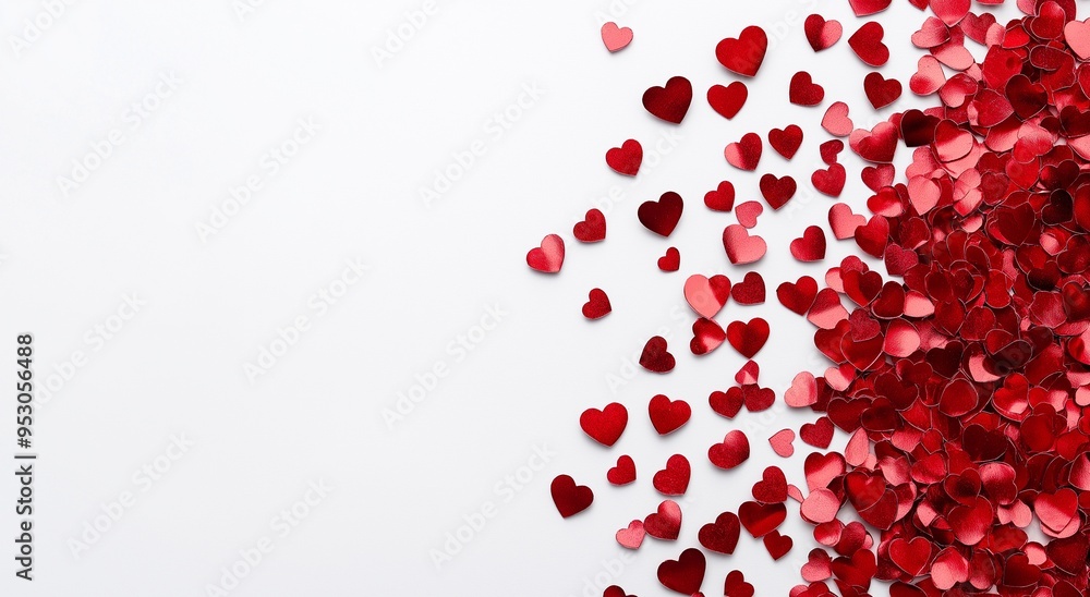 Red confetti hearts on white background flat lay Red confetti hearts on white background flat lay