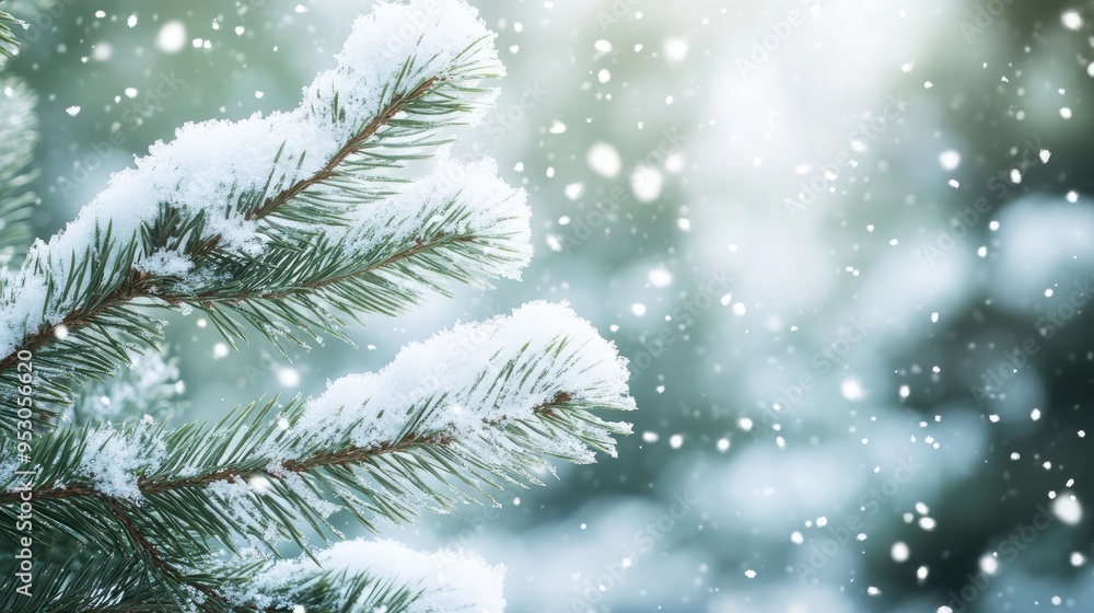 Snow-covered pine branches in a serene winter forest setting, with soft snowflakes falling in the background. Snow-covered pine branches in a serene winter forest setting, with soft snowflakes falling in the background.
