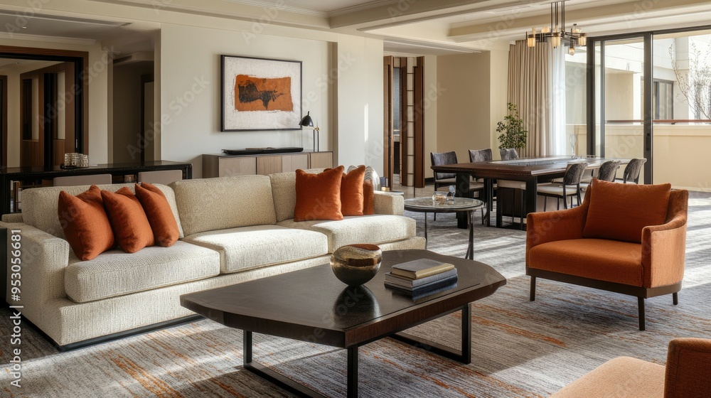 Spacious hotel suite with a living area, plush sofa, coffee table, and modern lighting fixtures. Spacious hotel suite with a living area, plush sofa, coffee table, and modern lighting fixtures.