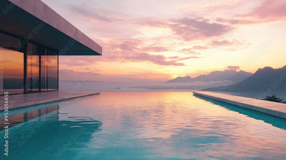 Stunning infinity pool with a view of the ocean and mountains in the distance at sunset Stunning infinity pool with a view of the ocean and mountains in the distance at sunset