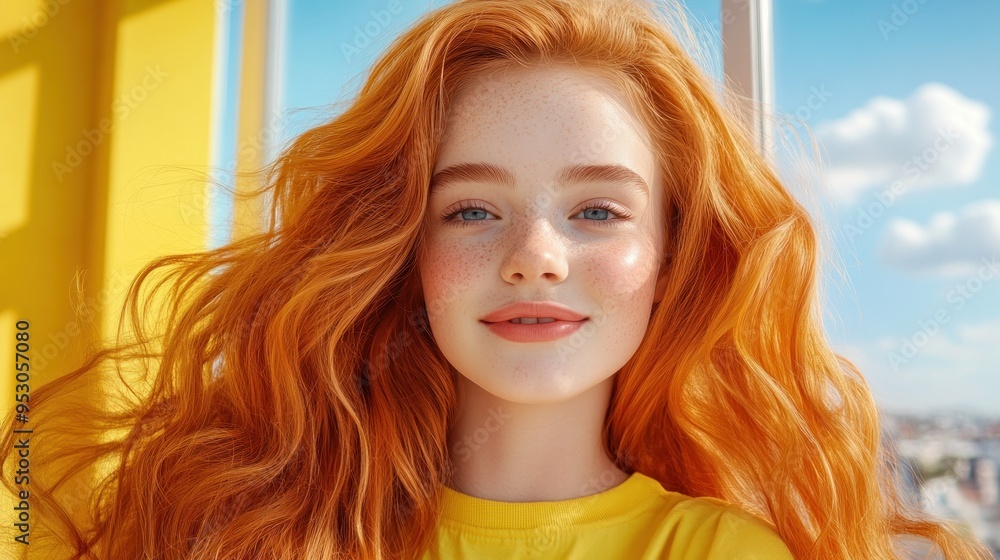 Confident Teenage Girl with Vibrant Red Hair and Yellow Shirt, Modern, Positive, and Full of Youthful Energy Confident Teenage Girl with Vibrant Red Hair and Yellow Shirt, Modern, Positive, and Full of Youthful Energy