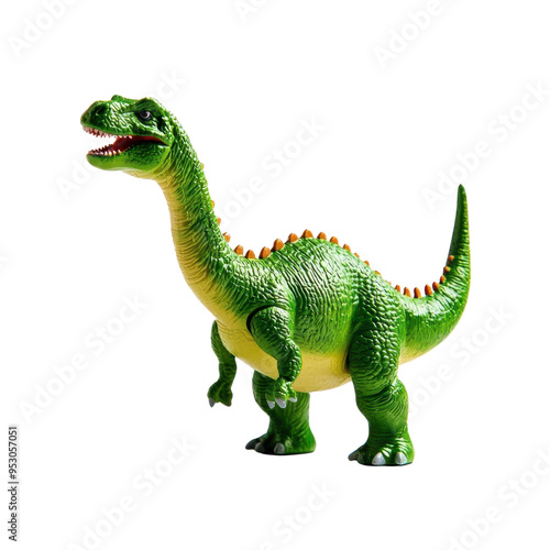 A vibrant green plastic dinosaur toy.