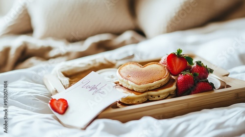 Romantic Breakfast in Bed with Heart-Shaped Pancakes