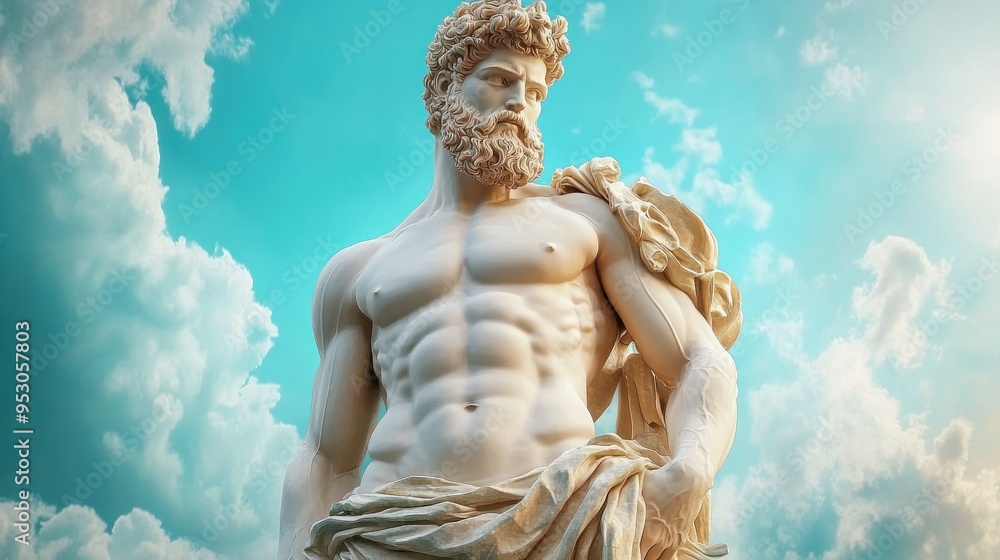 Powerful Statue of a Determined Figure, Embodying Strength, Confidence, and Perseverance Against a Blue Sky Background, A Symbol of Resilience Powerful Statue of a Determined Figure, Embodying Strength, Confidence, and Perseverance Against a Blue Sky Background, A Symbol of Resilience