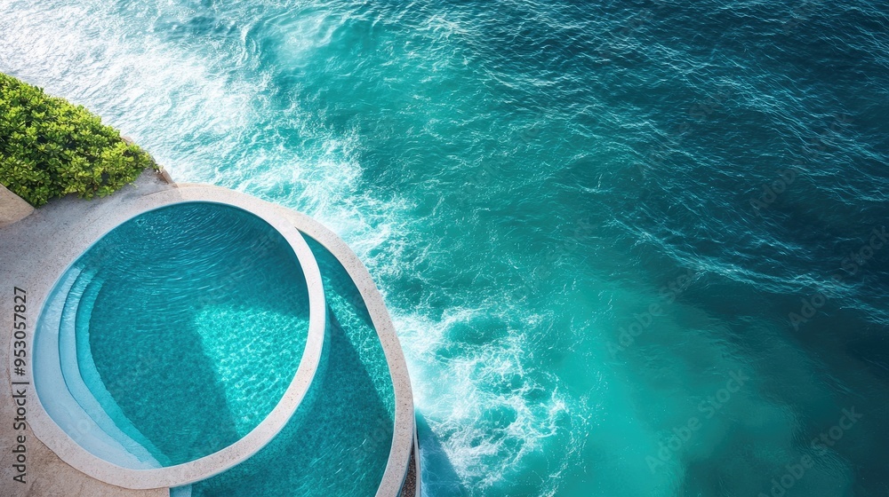 Top view of an infinity pool at a seaside resort with clear blue waters ...