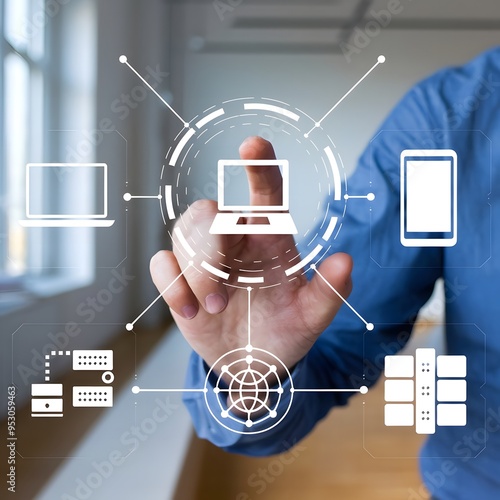 Touching digital information technology screen with hand a young businessman 