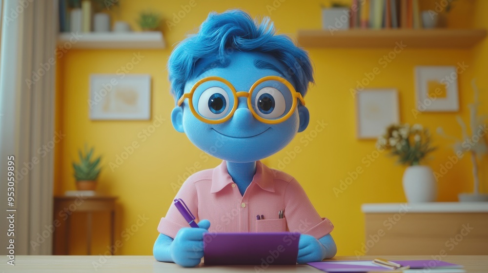 3D render of a young man with blue skin in a pink shirt isolated on a yellow background, holding a purple clipboard and pen, signing an agreement. 3D render of a young man with blue skin in a pink shirt isolated on a yellow background, holding a purple clipboard and pen, signing an agreement.