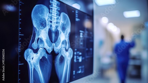 Wallpaper Mural X-ray of a s pelvis with a hip replacement, displayed on a digital screen in a modern clinic. Torontodigital.ca