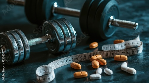 Zinc and magnesium tablets with a measuring tape and dumbbells, representing supplements for fitness and recovery.