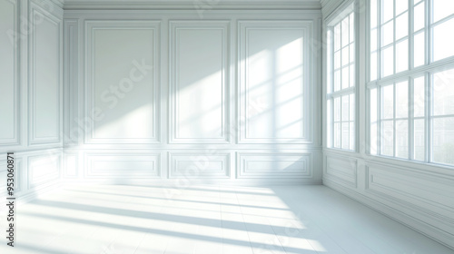 A white room with white paneled walls and a window, light shadows, and sun rays