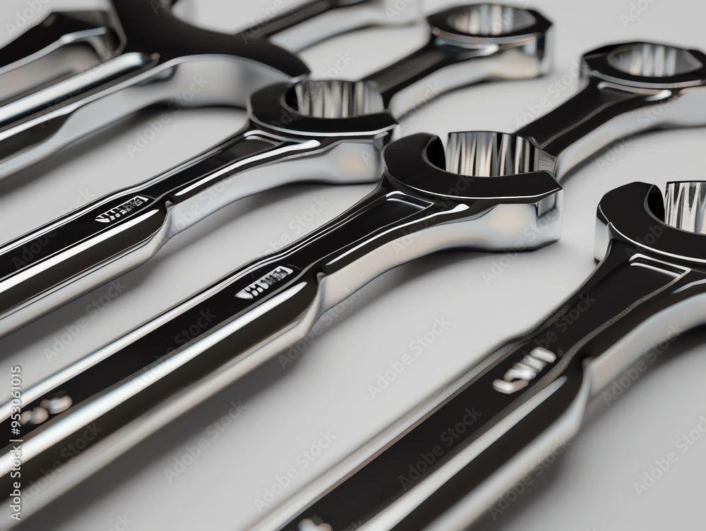 A detailed 3D render of a set of ratcheting wrenches A detailed 3D render of a set of ratcheting wrenches