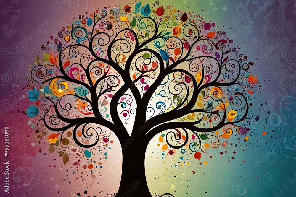 Colorful Tree with Swirling Branches and Intricate Roots Vibrant and Whimsical Design for Nature Themed Backgrounds and Artistic Concepts
