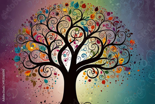 Obraz na płótnie Colorful Tree with Swirling Branches and Intricate Roots Vibrant and Whimsical Design for Nature Themed Backgrounds and Artistic Concepts w salonie