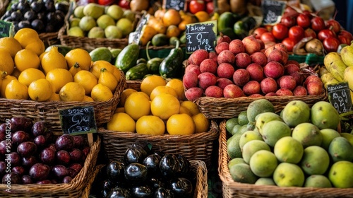 A vibrant display of fresh fruits in woven baskets at a market.