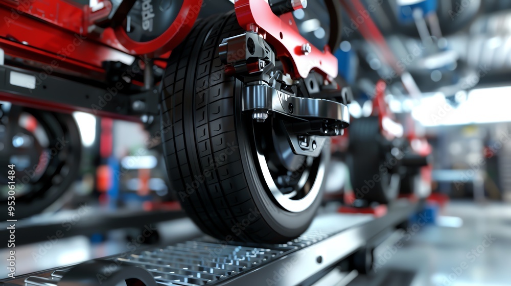 A realistic 3D render of a wheel alignment tool in use A realistic 3D render of a wheel alignment tool in use