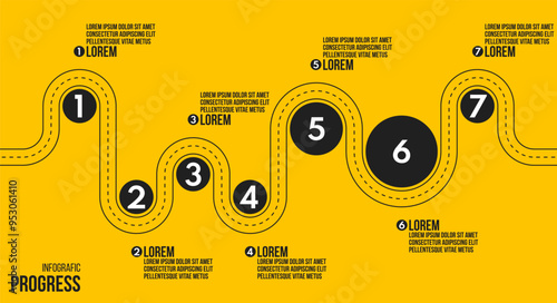 7 steps process progress or timeline, road infografic vector template