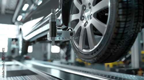 A realistic 3D render of a wheel alignment tool in use