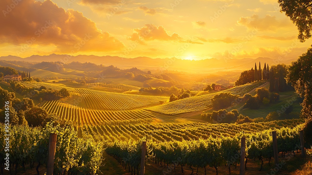 Fototapeta premium Sunset paints the Tuscan vineyards gold, rolling hills stretching beneath a glowing sky.