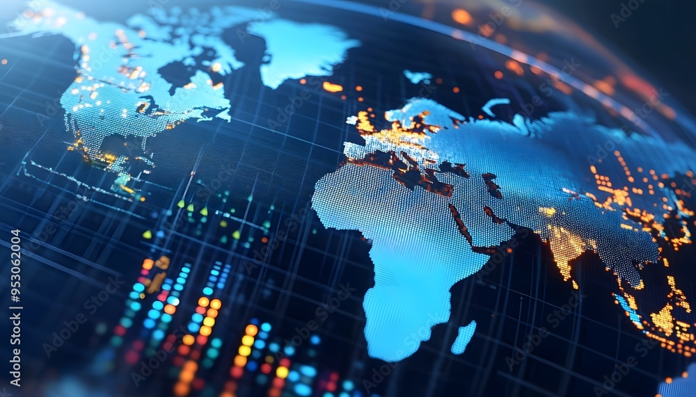 A Digital World Map with Glowing Cities and Data Grid A Digital World Map with Glowing Cities and Data Grid