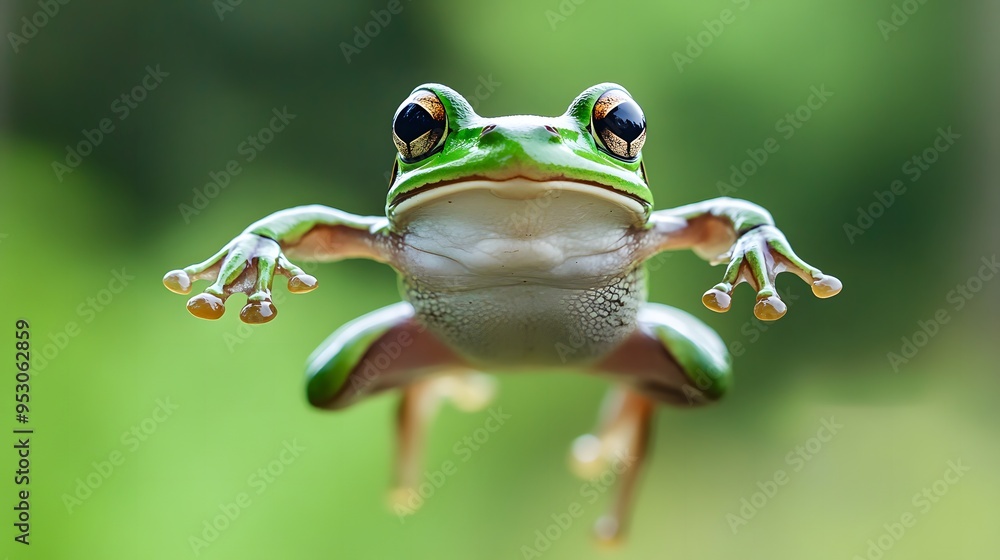 Green Frog Leaping in Mid-Air With Wide Open Eyes Green Frog Leaping in Mid-Air With Wide Open Eyes