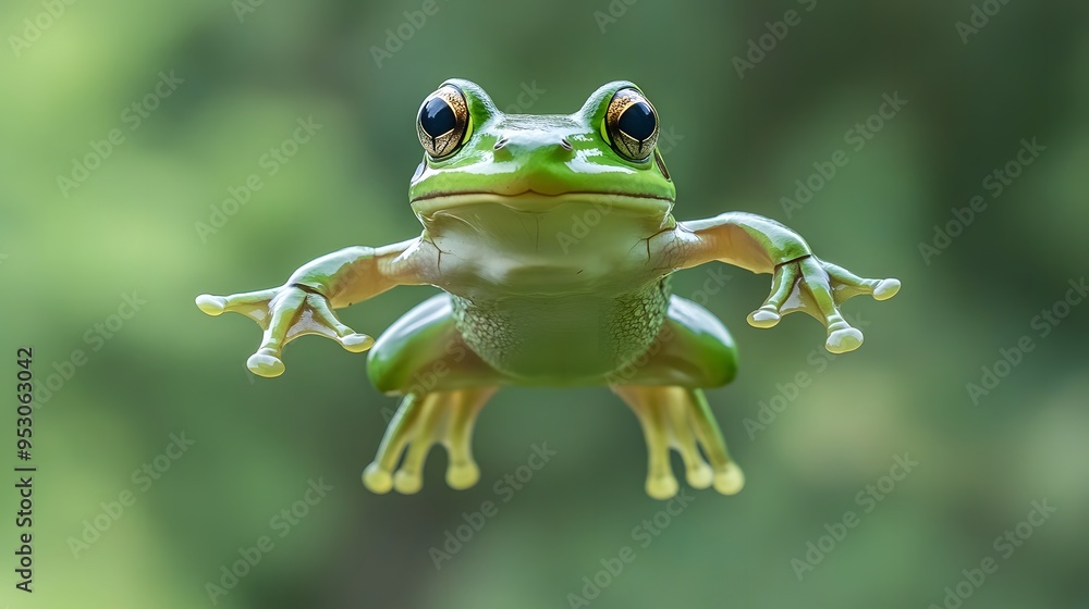 Green Frog Leaping in Mid-Air With Wide Open Eyes Green Frog Leaping in Mid-Air With Wide Open Eyes