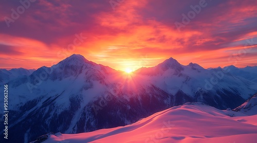 Snowy mountain peaks glow under a dramatic sunset, with the sky ablaze in vibrant hues.