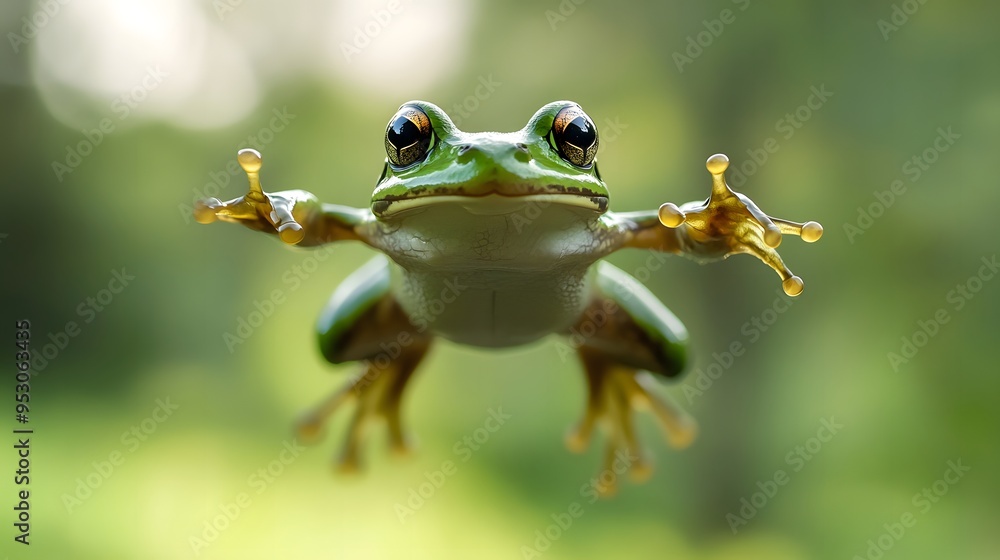 Green Frog Leaping in Mid-Air With Wide Open Eyes Green Frog Leaping in Mid-Air With Wide Open Eyes