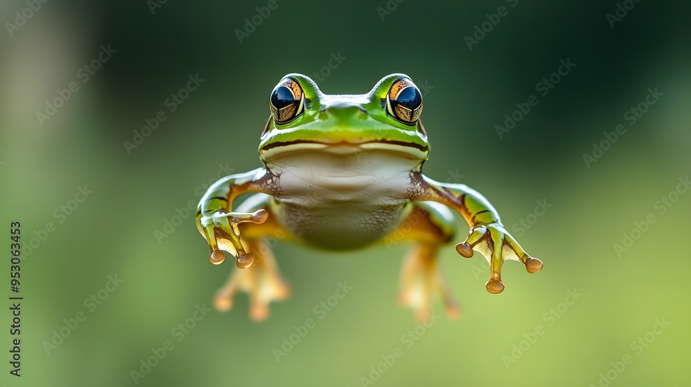 Green Frog Leaping in Mid-Air With Wide Open Eyes Green Frog Leaping in Mid-Air With Wide Open Eyes