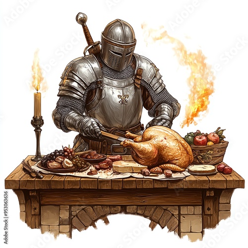 A knight carving a Thanksgiving turkey in a grand castle clipart, medieval decor, warm torchlight, digital painting, isolated on white background photo