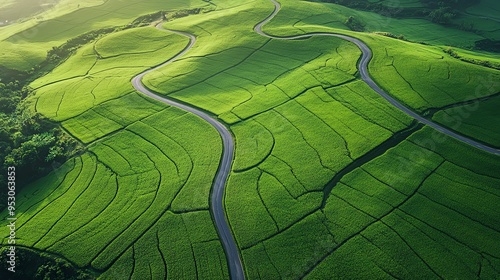 Aerial view of green fields intersected by winding roads, creating patterns photo