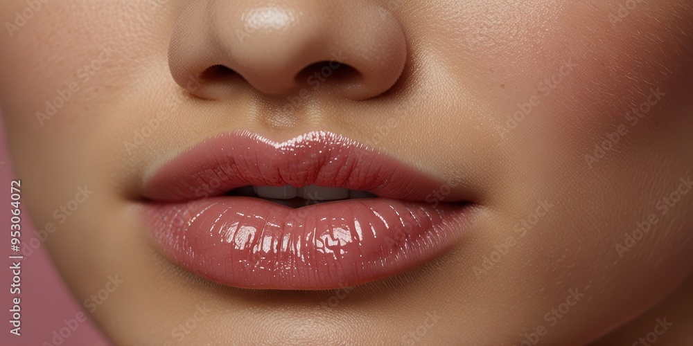 Obraz premium Close-up of beautiful young woman’s sexy pink lips with glossy pink lip gloss. Beauty, cosmetic, and makeup concept