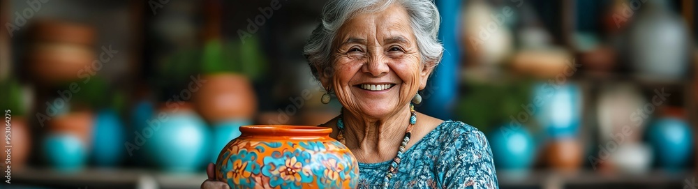 Happy elderly artisan with a radiant smile, holding a colorful handcrafted pot Happy elderly artisan with a radiant smile, holding a colorful handcrafted pot