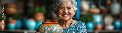 Happy elderly artisan with a radiant smile, holding a colorful handcrafted pot