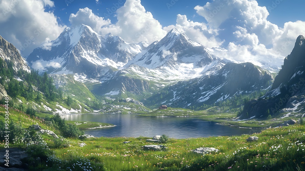 Fototapeta premium A cozy cabin rests by a mountain lake, surrounded by blooming flowers and serene waters.