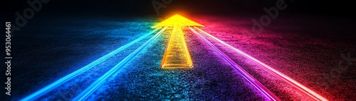 Neon arrow pointing upward, vibrant rainbow light trails leading into the dark, high contrast photo