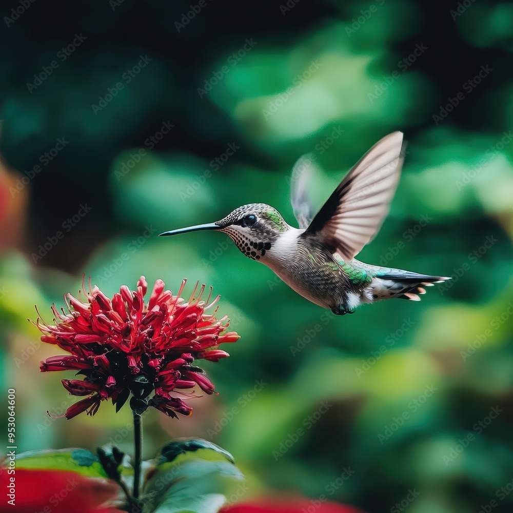 Obraz premium Hummingbird in Flight Feeding on Red Flower Green Background