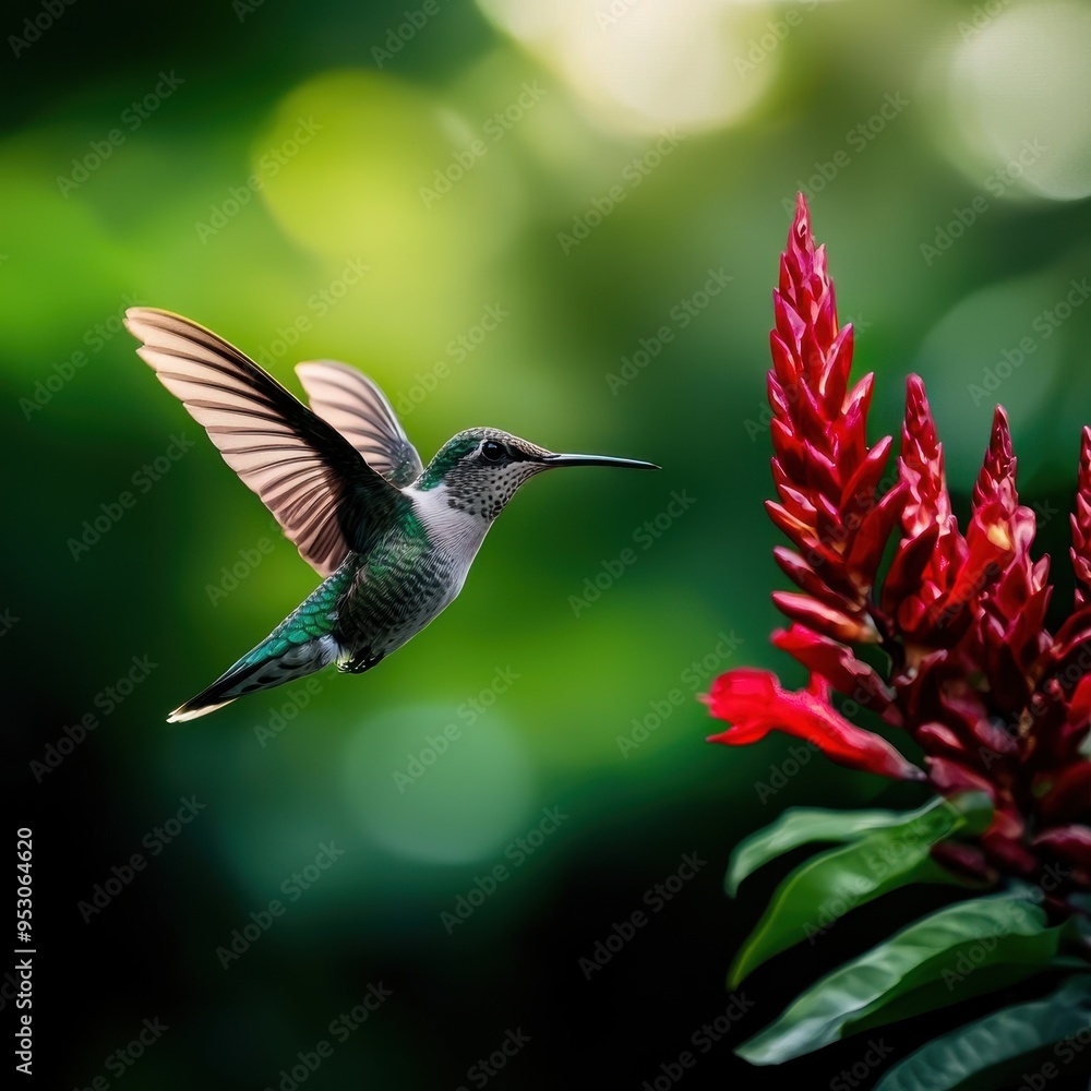 Hummingbird in Flight with Red Flowers Hummingbird in Flight with Red Flowers
