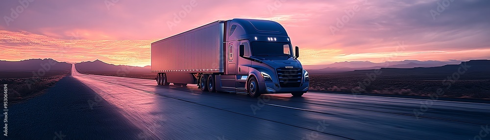 Sleek, modern semitruck driving on a scenic highway at dusk Sleek, modern semitruck driving on a scenic highway at dusk