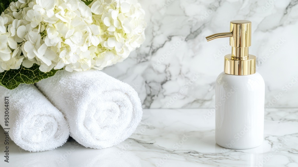 White Towels Hydrangea Flowers Soap Dispenser Marble Background White Towels Hydrangea Flowers Soap Dispenser Marble Background